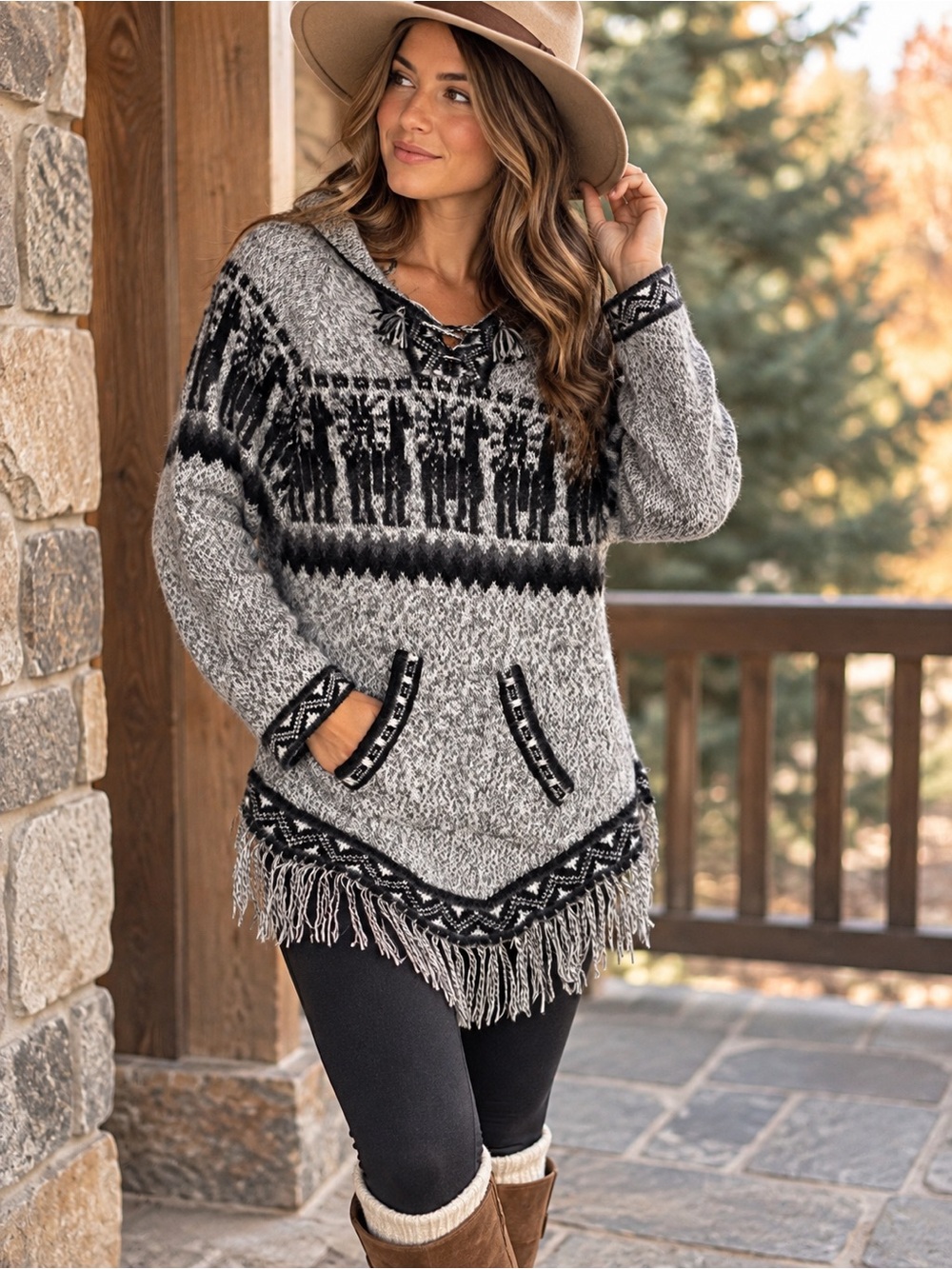 Kactus Gray Black Fair Isle Hooded Fringe Sweater Tunic Boho Nordic M/L